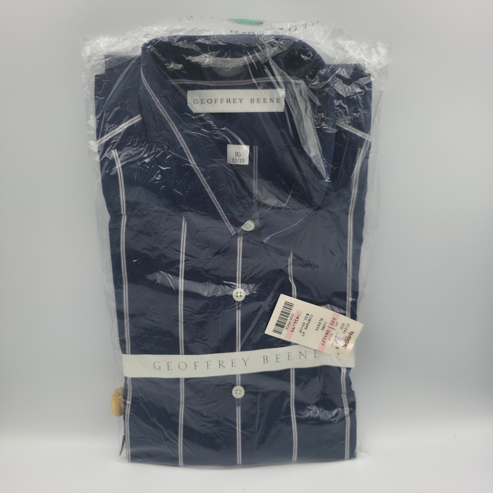 Geoffrey Beene Mens Navy Blue Striped Dress Shirt 16 32/33 Long Sleeve NWT USA